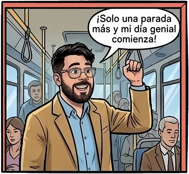 Comic panel: Gael on a bus, saying in Spanish, just one more stop and my great day begins.
