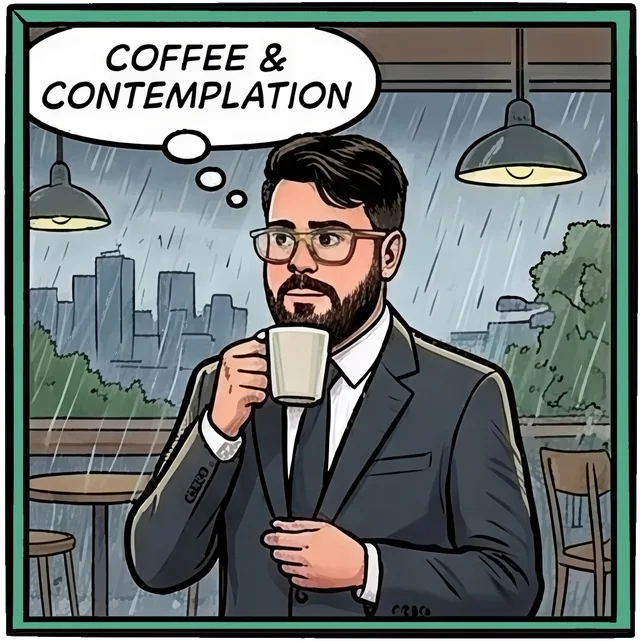Comic panel: Gael drinking coffee by a rainy window, thinking: coffee and contemplation.