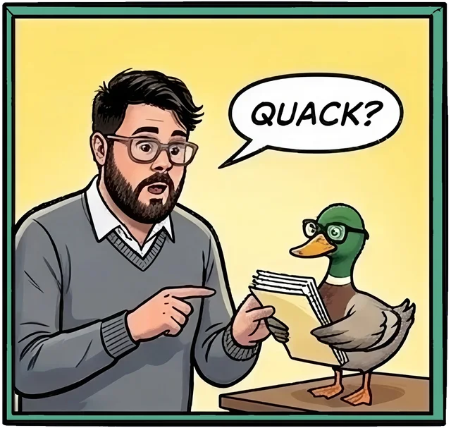 Comic panel: Gael handing a stack of papers to a duck in glasses, who says: quack?